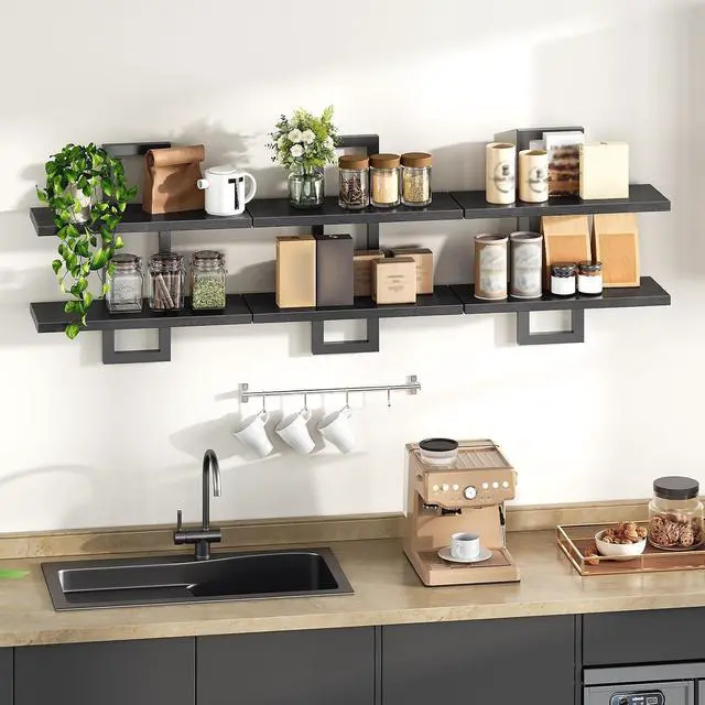 Alt view image 3 of 7 - Floating Shelves, 15 Inch Wall Shelf Set of 3, Wall Mounted Storage Shelves 2-Tier, Hanging Bathroom Shelves, for Living Room, Bedroom, Bathroom, Kitchen, Black BK32BJP301