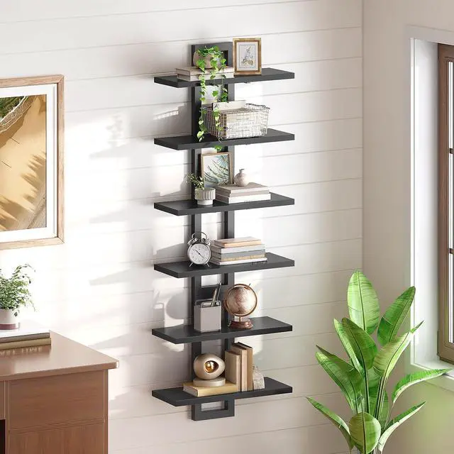 Alt view image 4 of 7 - Floating Shelves, 15 Inch Wall Shelf Set of 3, Wall Mounted Storage Shelves 2-Tier, Hanging Bathroom Shelves, for Living Room, Bedroom, Bathroom, Kitchen, Black BK32BJP301