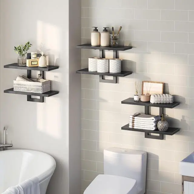 Alt view image 5 of 7 - Floating Shelves, 15 Inch Wall Shelf Set of 3, Wall Mounted Storage Shelves 2-Tier, Hanging Bathroom Shelves, for Living Room, Bedroom, Bathroom, Kitchen, Black BK32BJP301