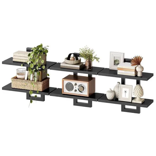 Alt view image 7 of 7 - Floating Shelves, 15 Inch Wall Shelf Set of 3, Wall Mounted Storage Shelves 2-Tier, Hanging Bathroom Shelves, for Living Room, Bedroom, Bathroom, Kitchen, Black BK32BJP301