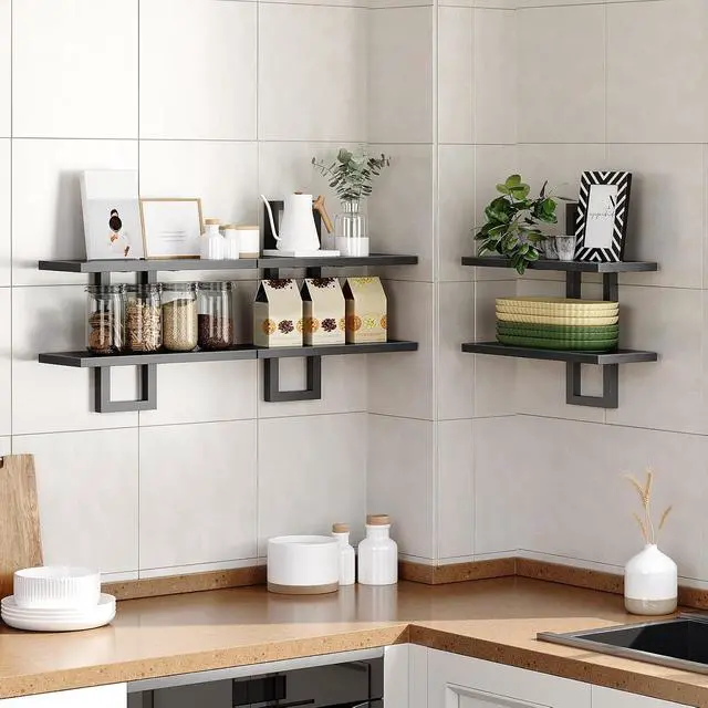 Alt view image 6 of 7 - Floating Shelves, 15 Inch Wall Shelf Set of 3, Wall Mounted Storage Shelves 2-Tier, Hanging Bathroom Shelves, for Living Room, Bedroom, Bathroom, Kitchen, Black BK32BJP301