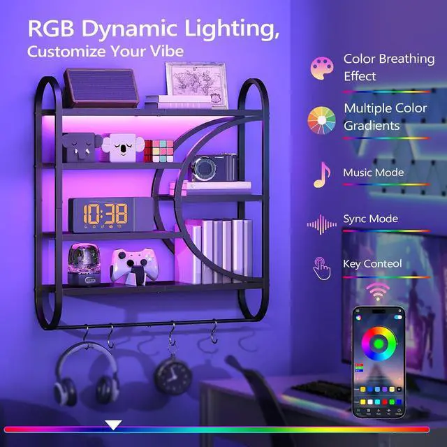Alt view image 3 of 7 - Gaming Floating Shelves with LED Lights, 28.9" LED Wall Mounted Shelf, 5-Tier Display Rack for Wall Storage, Floating Rack with Hanging Rod and 4 S-Hooks, for Game Room, Black BB50DBJ01
