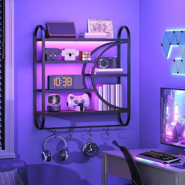 Main image of Gaming Floating Shelf with LED Lights, 28.9" LED Wall Mounted Shelf, 5-Tier Display Rack for Wall Storage, Floating Rack with Hanging Rod and 4 S-Hooks, Rustic Brown and Black BF50DBJ01