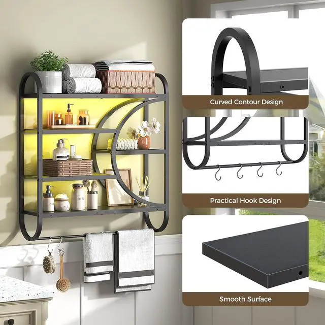 Alt view image 7 of 7 - Gaming Floating Shelves with LED Lights, 28.9" LED Wall Mounted Shelf, 5-Tier Display Rack for Wall Storage, Floating Rack with Hanging Rod and 4 S-Hooks, for Game Room, Black BB50DBJ01