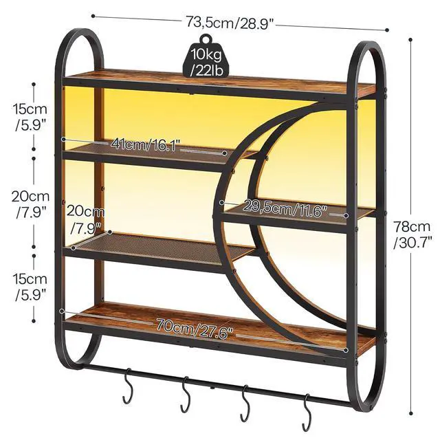 Alt view image 2 of 7 - Gaming Floating Shelf with LED Lights, 28.9" LED Wall Mounted Shelf, 5-Tier Display Rack for Wall Storage, Floating Rack with Hanging Rod and 4 S-Hooks, Rustic Brown and Black BF50DBJ01