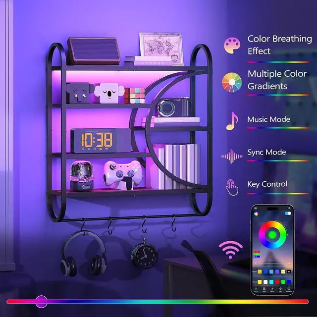 Alt view image 5 of 7 - Gaming Floating Shelf with LED Lights, 28.9" LED Wall Mounted Shelf, 5-Tier Display Rack for Wall Storage, Floating Rack with Hanging Rod and 4 S-Hooks, Rustic Brown and Black BF50DBJ01