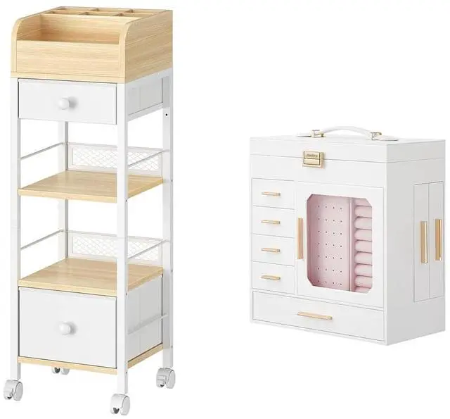 Main image of Jewelry Box with Mirror and Mobile Makeup Storage with Swivel Casters and Leveling Feet Bundles, Vertical Storage, Cosmetics Display Holder, Glass Cover, Modern Style WT06JB04G1-WN20TC04
