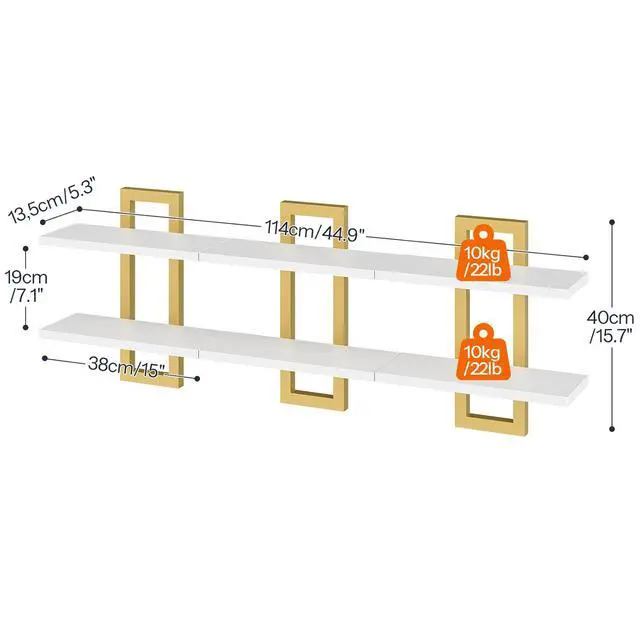 Alt view image 2 of 7 - Floating Shelves, 15 Inch Wall Shelf Set of 3, Wall Mounted Storage Shelves 2-Tier, Hanging Bathroom Shelves, for Living Room, Bedroom, Bathroom, Kitchen, White and Gold DW32BJP301