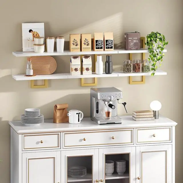 Alt view image 3 of 7 - Floating Shelves, 15 Inch Wall Shelf Set of 3, Wall Mounted Storage Shelves 2-Tier, Hanging Bathroom Shelves, for Living Room, Bedroom, Bathroom, Kitchen, White and Gold DW32BJP301
