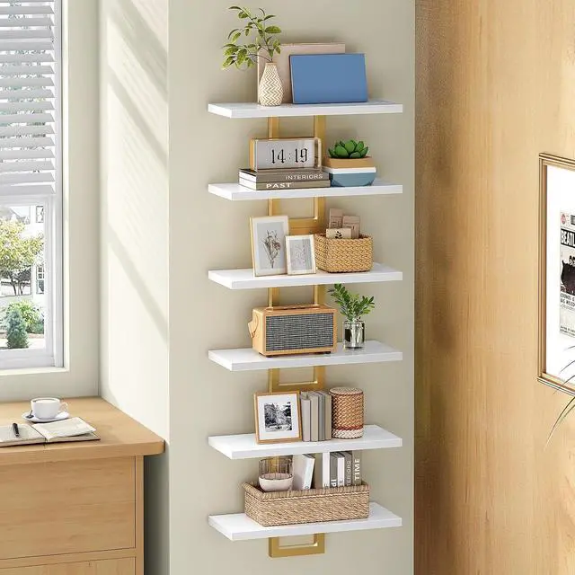 Alt view image 4 of 7 - Floating Shelves, 15 Inch Wall Shelf Set of 3, Wall Mounted Storage Shelves 2-Tier, Hanging Bathroom Shelves, for Living Room, Bedroom, Bathroom, Kitchen, White and Gold DW32BJP301