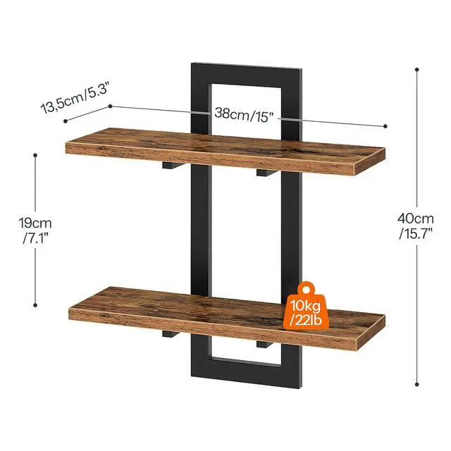 Alt view image 2 of 7 - Floating Shelves, 15 Inch Wall Shelf Set of 4, Wall Mounted Storage Shelves 2-Tier, Hanging Bathroom Shelves, for Living Room, Bedroom, Bathroom, Kitchen, Rustic Brown and Black BF32BJP401