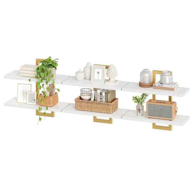 Alt view image 6 of 7 - Floating Shelves, 15 Inch Wall Shelf Set of 3, Wall Mounted Storage Shelves 2-Tier, Hanging Bathroom Shelves, for Living Room, Bedroom, Bathroom, Kitchen, White and Gold DW32BJP301