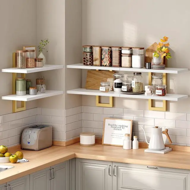 Alt view image 5 of 7 - Floating Shelves, 15 Inch Wall Shelf Set of 3, Wall Mounted Storage Shelves 2-Tier, Hanging Bathroom Shelves, for Living Room, Bedroom, Bathroom, Kitchen, White and Gold DW32BJP301
