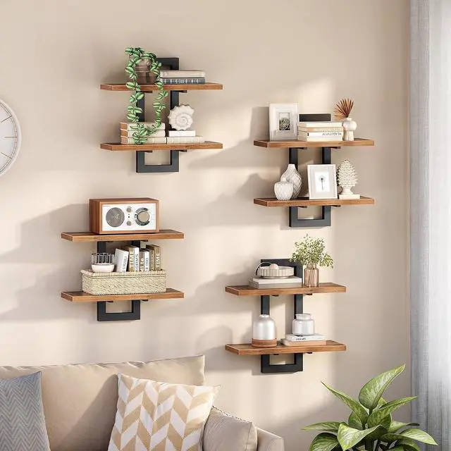 Main image of Floating Shelves, 15 Inch Wall Shelf Set of 4, Wall Mounted Storage Shelves 2-Tier, Hanging Bathroom Shelves, for Living Room, Bedroom, Bathroom, Kitchen, Rustic Brown and Black BF32BJP401