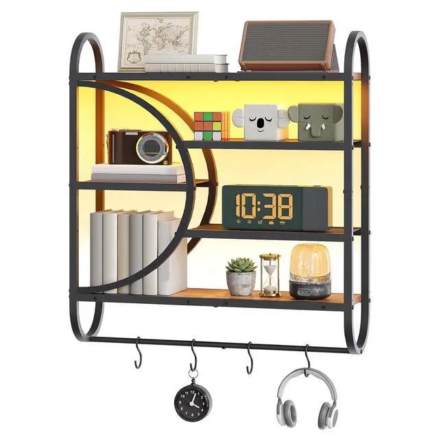 Alt view image 6 of 7 - Gaming Floating Shelf with LED Lights, 28.9" LED Wall Mounted Shelf, 5-Tier Display Rack for Wall Storage, Floating Rack with Hanging Rod and 4 S-Hooks, Rustic Brown and Black BF50DBJ01