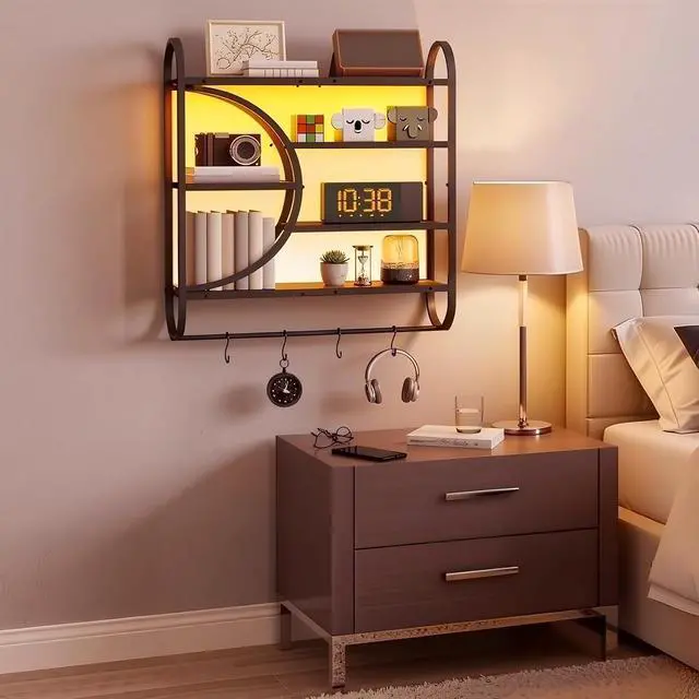 Alt view image 7 of 7 - Gaming Floating Shelf with LED Lights, 28.9" LED Wall Mounted Shelf, 5-Tier Display Rack for Wall Storage, Floating Rack with Hanging Rod and 4 S-Hooks, Rustic Brown and Black BF50DBJ01