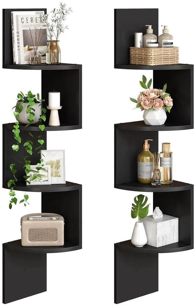 Main image of Corner Shelf Wall-Mounted, Set of 2 Floating Corner Shelves for Wall, 4-Tier Corner Bookshelves for Living Room, Bedroom, Bathroom, Home Office, Black BK25BJP201