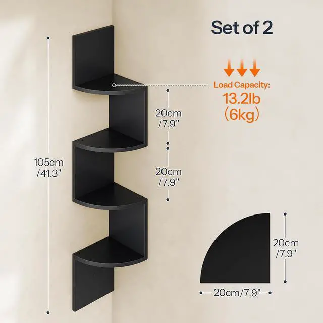Alt view image 3 of 7 - Corner Shelf Wall-Mounted, Set of 2 Floating Corner Shelves for Wall, 4-Tier Corner Bookshelves for Living Room, Bedroom, Bathroom, Home Office, Black BK25BJP201