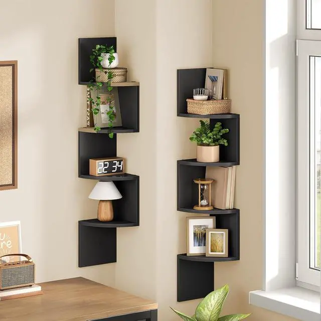 Alt view image 4 of 7 - Corner Shelf Wall-Mounted, Set of 2 Floating Corner Shelves for Wall, 4-Tier Corner Bookshelves for Living Room, Bedroom, Bathroom, Home Office, Black BK25BJP201