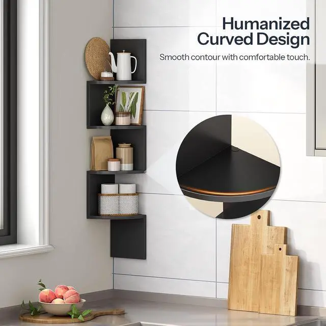 Alt view image 7 of 7 - Corner Shelf Wall-Mounted, Set of 2 Floating Corner Shelves for Wall, 4-Tier Corner Bookshelves for Living Room, Bedroom, Bathroom, Home Office, Black BK25BJP201