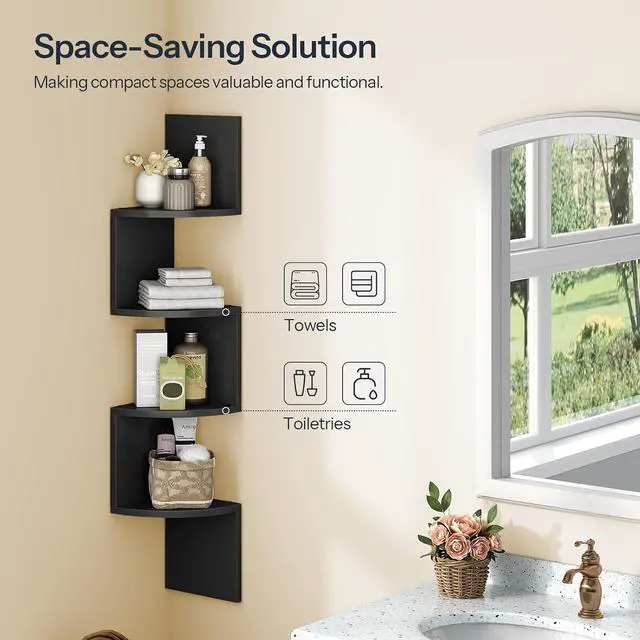 Alt view image 6 of 7 - Corner Shelf Wall-Mounted, Set of 2 Floating Corner Shelves for Wall, 4-Tier Corner Bookshelves for Living Room, Bedroom, Bathroom, Home Office, Black BK25BJP201