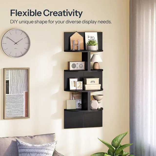 Alt view image 5 of 7 - Corner Shelf Wall-Mounted, Set of 2 Floating Corner Shelves for Wall, 4-Tier Corner Bookshelves for Living Room, Bedroom, Bathroom, Home Office, Black BK25BJP201