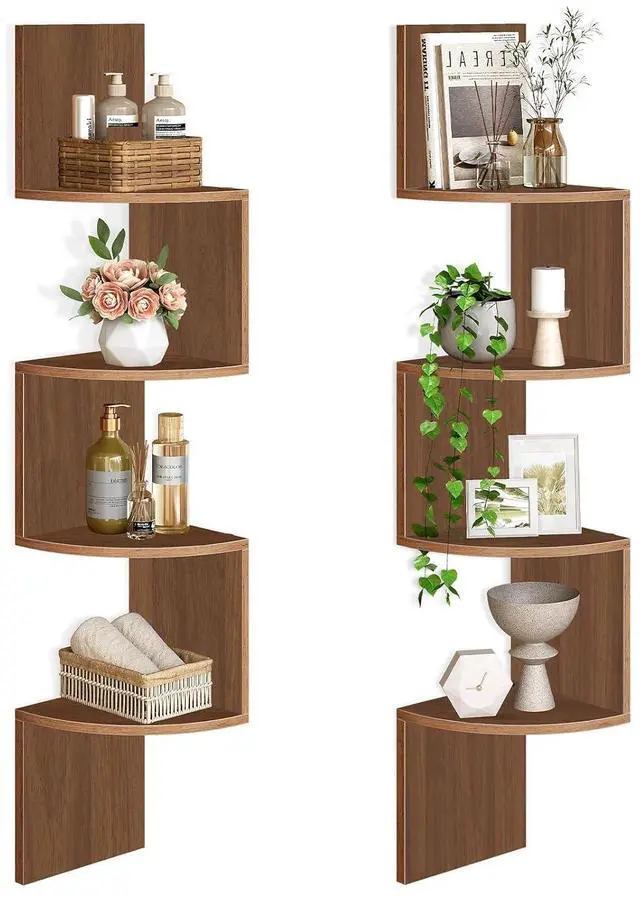 Main image of Corner Shelf Wall-Mounted, Set of 2 Floating Corner Shelves for Wall, 4-Tier Corner Bookshelves for Living Room, Bedroom, Bathroom, Home Office, Walnut WL25BJP201