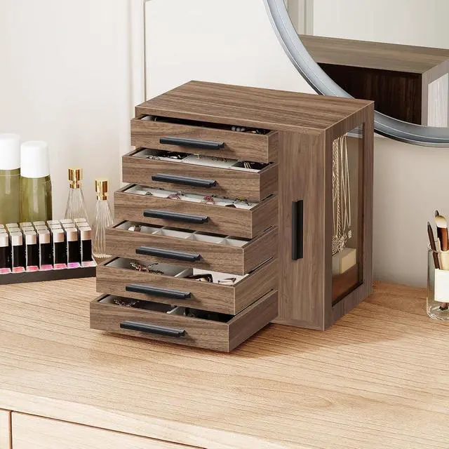 Alt view image 3 of 7 - Jewelry Box for Women, Jewelry Organizer Box, 6-Tier Wooden Jewelry Box, Jewelry Case with Side Transparent Window, Creative Gift, for Earring, Necklace, Bracelet, Walnut and Black BH12JB04