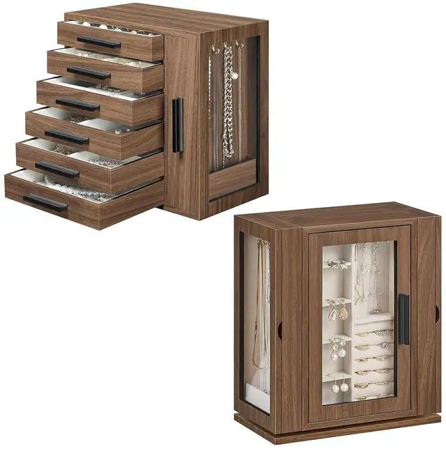 Main image of Jewelry Box for Women, Jewelry Organizer Box, 6-Tier Wooden Jewelry Box and 360° Rotating Jewelry Box, Wooden Jewelry Organizer Bundle, BH12JB04-BH30JB04