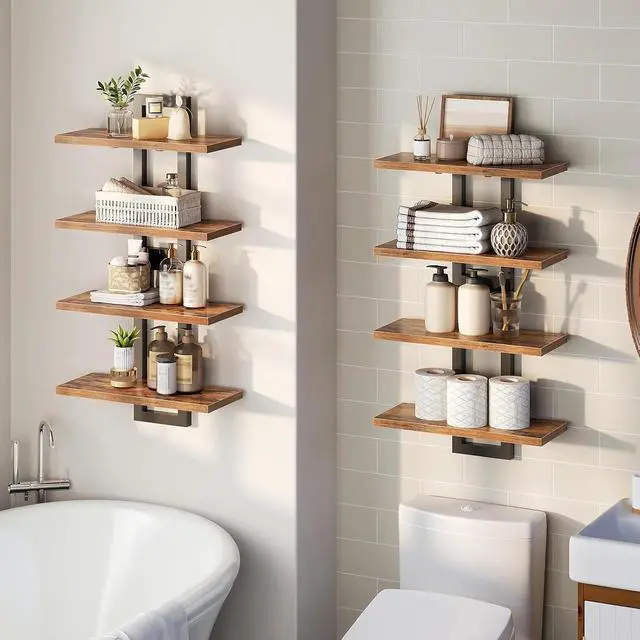 Alt view image 6 of 7 - Floating Shelves, 15 Inch Wall Shelf Set of 4, Wall Mounted Storage Shelves 2-Tier, Hanging Bathroom Shelves, for Living Room, Bedroom, Bathroom, Kitchen, Rustic Brown and Black BF32BJP401