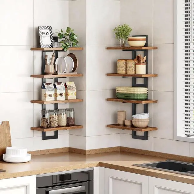 Alt view image 4 of 7 - Floating Shelves, 15 Inch Wall Shelf Set of 4, Wall Mounted Storage Shelves 2-Tier, Hanging Bathroom Shelves, for Living Room, Bedroom, Bathroom, Kitchen, Rustic Brown and Black BF32BJP401