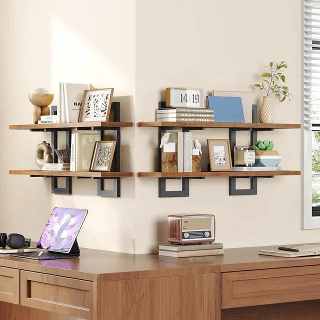 Alt view image 5 of 7 - Floating Shelves, 15 Inch Wall Shelf Set of 4, Wall Mounted Storage Shelves 2-Tier, Hanging Bathroom Shelves, for Living Room, Bedroom, Bathroom, Kitchen, Rustic Brown and Black BF32BJP401