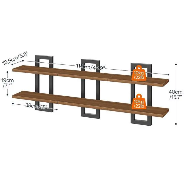 Alt view image 2 of 7 - Floating Shelves, 15 Inch Wall Shelf Set of 3, Wall Mounted Storage Shelves 2-Tier, Hanging Bathroom Shelves, for Living Room, Bedroom, Bathroom, Kitchen, Walnut and Black BH32BJP301