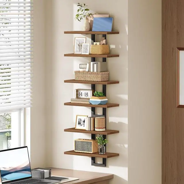 Alt view image 3 of 7 - Floating Shelves, 15 Inch Wall Shelf Set of 3, Wall Mounted Storage Shelves 2-Tier, Hanging Bathroom Shelves, for Living Room, Bedroom, Bathroom, Kitchen, Walnut and Black BH32BJP301