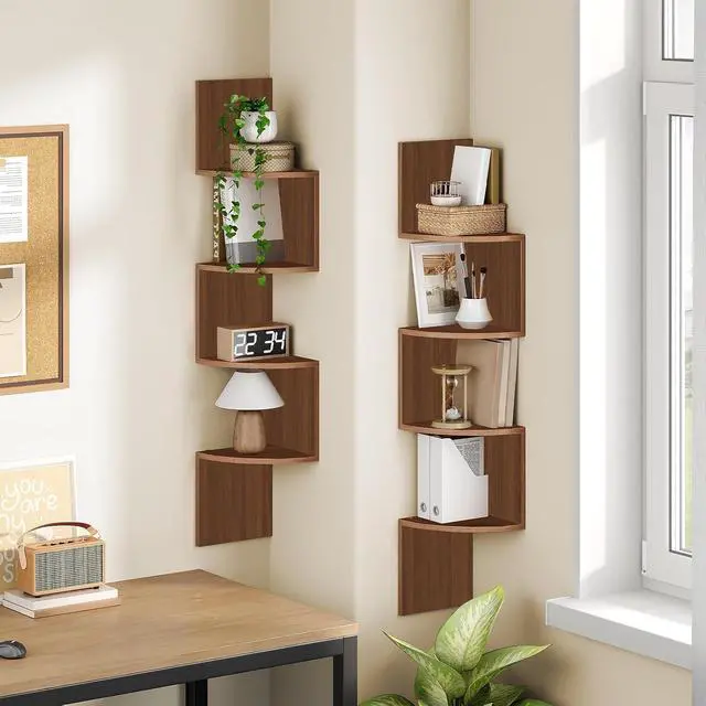 Alt view image 2 of 7 - Corner Shelf Wall-Mounted, Set of 2 Floating Corner Shelves for Wall, 4-Tier Corner Bookshelves for Living Room, Bedroom, Bathroom, Home Office, Walnut WL25BJP201