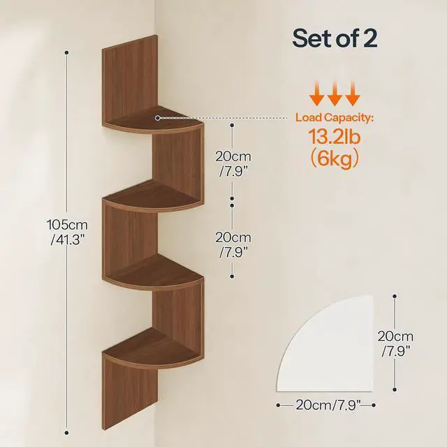 Alt view image 3 of 7 - Corner Shelf Wall-Mounted, Set of 2 Floating Corner Shelves for Wall, 4-Tier Corner Bookshelves for Living Room, Bedroom, Bathroom, Home Office, Walnut WL25BJP201