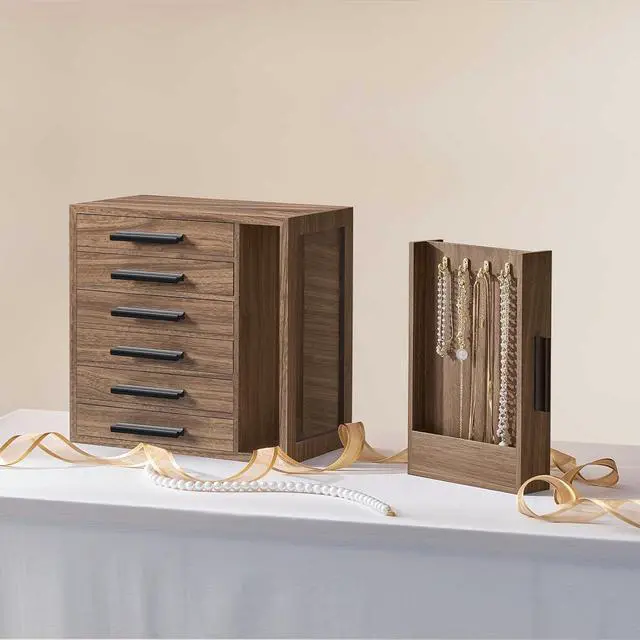 Alt view image 7 of 7 - Jewelry Box for Women, Jewelry Organizer Box, 6-Tier Wooden Jewelry Box, Jewelry Case with Side Transparent Window, Creative Gift, for Earring, Necklace, Bracelet, Walnut and Black BH12JB04