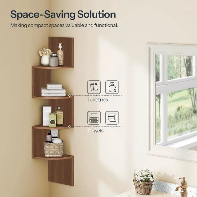 Alt view image 5 of 7 - Corner Shelf Wall-Mounted, Set of 2 Floating Corner Shelves for Wall, 4-Tier Corner Bookshelves for Living Room, Bedroom, Bathroom, Home Office, Walnut WL25BJP201