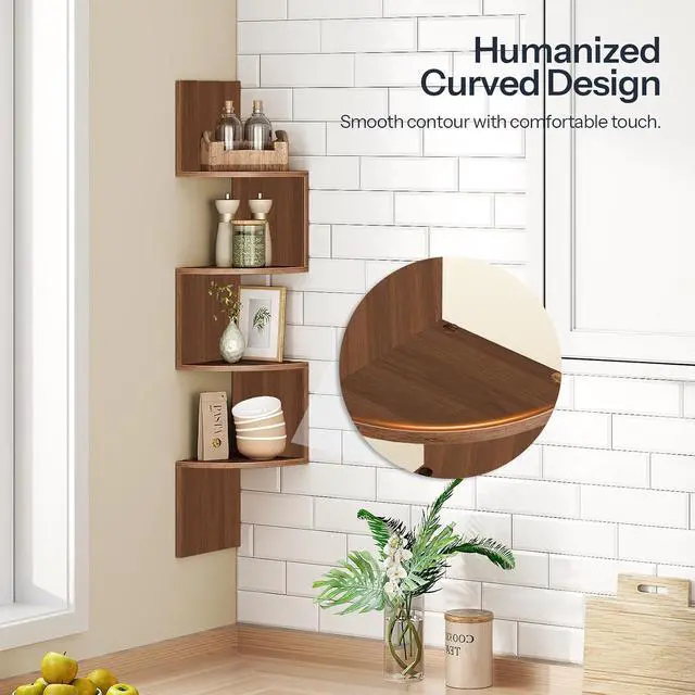 Alt view image 6 of 7 - Corner Shelf Wall-Mounted, Set of 2 Floating Corner Shelves for Wall, 4-Tier Corner Bookshelves for Living Room, Bedroom, Bathroom, Home Office, Walnut WL25BJP201