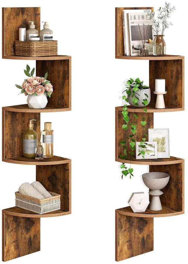 Main image of Corner Shelf Wall-Mounted, Set of 2 Floating Corner Shelves for Wall, 4-Tier Corner Bookshelves for Living Room, Bedroom, Bathroom, Home Office, Rustic Brown BF25BJP201