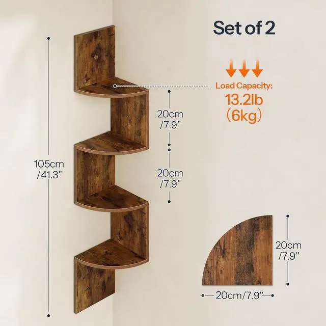 Alt view image 3 of 7 - Corner Shelf Wall-Mounted, Set of 2 Floating Corner Shelves for Wall, 4-Tier Corner Bookshelves for Living Room, Bedroom, Bathroom, Home Office, Rustic Brown BF25BJP201
