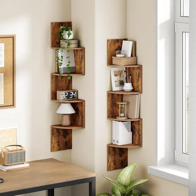 Alt view image 2 of 7 - Corner Shelf Wall-Mounted, Set of 2 Floating Corner Shelves for Wall, 4-Tier Corner Bookshelves for Living Room, Bedroom, Bathroom, Home Office, Rustic Brown BF25BJP201