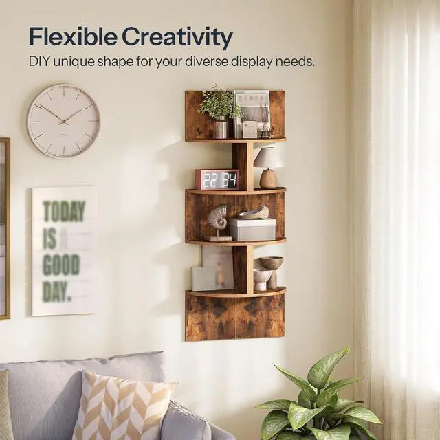 Alt view image 4 of 7 - Corner Shelf Wall-Mounted, Set of 2 Floating Corner Shelves for Wall, 4-Tier Corner Bookshelves for Living Room, Bedroom, Bathroom, Home Office, Rustic Brown BF25BJP201