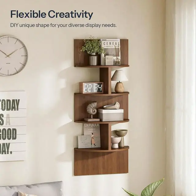 Alt view image 4 of 7 - Corner Shelf Wall-Mounted, Set of 2 Floating Corner Shelves for Wall, 4-Tier Corner Bookshelves for Living Room, Bedroom, Bathroom, Home Office, Walnut WL25BJP201