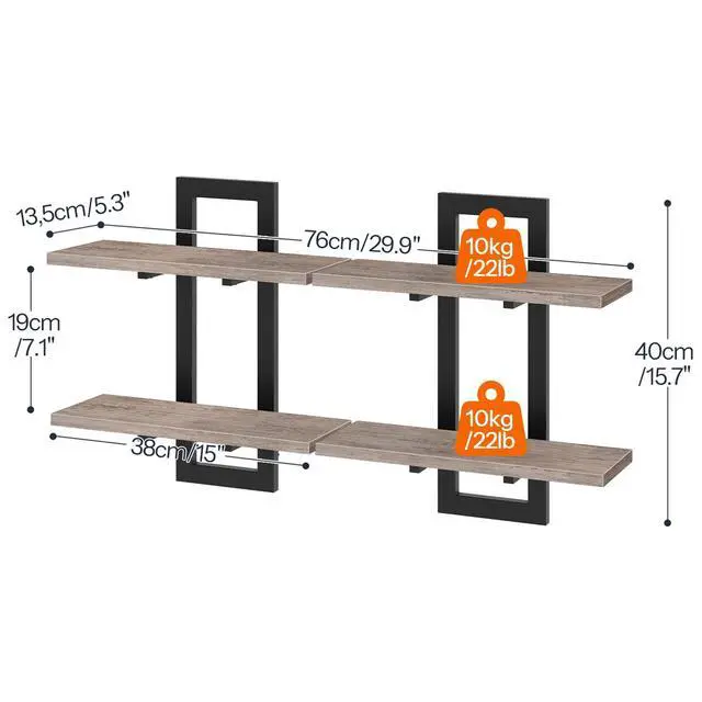 Alt view image 2 of 7 - Floating Shelves, 15 Inch Wall Shelf Set of 2, Wall Mounted Storage Shelves 2-Tier, Hanging Bathroom Shelves, for Living Room, Bedroom, Bathroom, Kitchen, Greige BG32BJ01