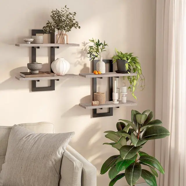 Main image of Floating Shelves, 15 Inch Wall Shelf Set of 2, Wall Mounted Storage Shelves 2-Tier, Hanging Bathroom Shelves, for Living Room, Bedroom, Bathroom, Kitchen, Greige BG32BJ01