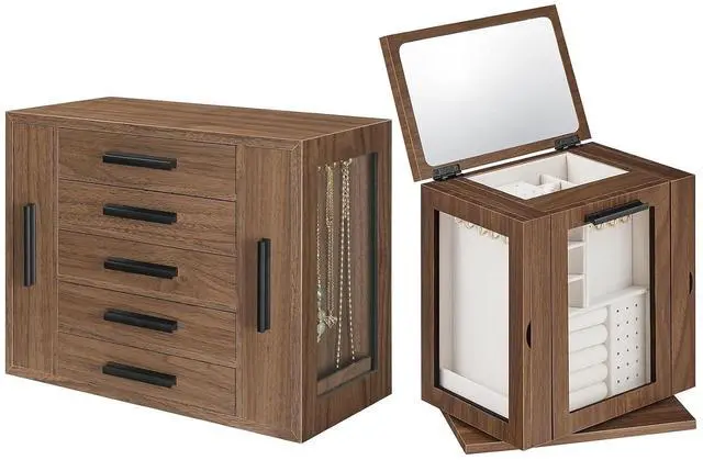 Main image of 5-Tier Jewelry Box, Wooden Jewelry Organizer with Transparent Windows and 360° Rotating Jewelry Box with Mirror, Jewelry Organizer with 4 Drawers Bundle, BH19JB04-BH31JB04
