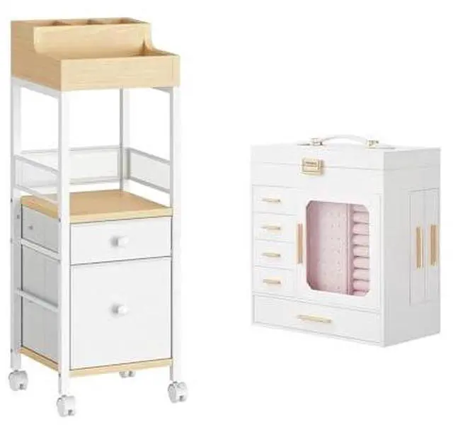 Main image of Jewelry Box with Mirror and Floor Makeup Storage with Fabric Drawers Bundles, Vertical Storage, Cosmetics Display Cases, for Skincare, Brush, Hair Tool, Perfume WT06JB04G1-WN19TC04