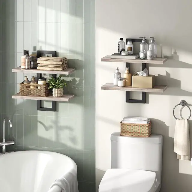 Alt view image 4 of 7 - Floating Shelves, 15 Inch Wall Shelf Set of 2, Wall Mounted Storage Shelves 2-Tier, Hanging Bathroom Shelves, for Living Room, Bedroom, Bathroom, Kitchen, Greige BG32BJ01