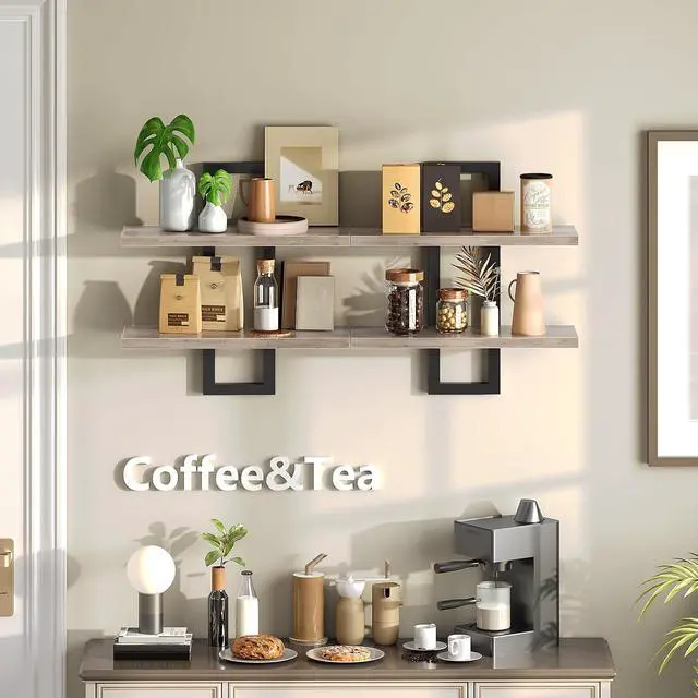 Alt view image 5 of 7 - Floating Shelves, 15 Inch Wall Shelf Set of 2, Wall Mounted Storage Shelves 2-Tier, Hanging Bathroom Shelves, for Living Room, Bedroom, Bathroom, Kitchen, Greige BG32BJ01